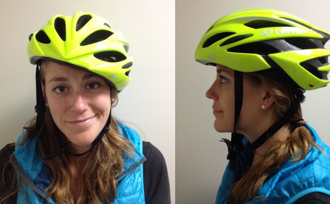 Izzy needs some help. The helmet is too big, the chin strap is way too loose. She should definitely NOT be getting on a bike right now. On the bright side, she is wearing a high visibility yellow helmet!