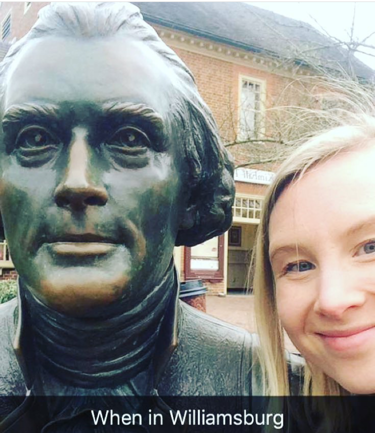 Assistant Director, Hannah Gensheimer, taking a pause in her day of interviews at William & Mary to take a quick selfie with Thomas Jefferson.